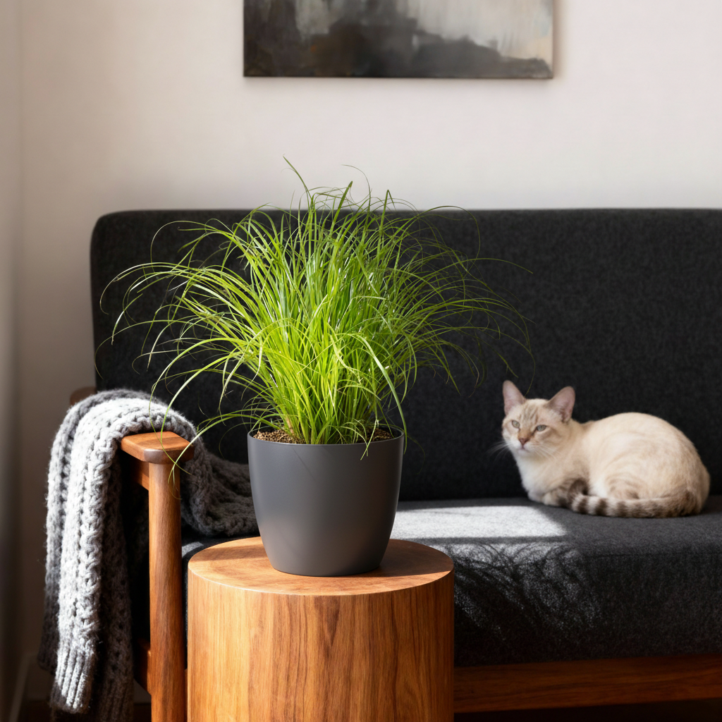 Cyperus alternifolius Zumula - Kattengras - Huisdiervriendelijke Plant - Groen - 4 Planten - met Potter Grijs - Pot 12cm - Hoogte 20cm