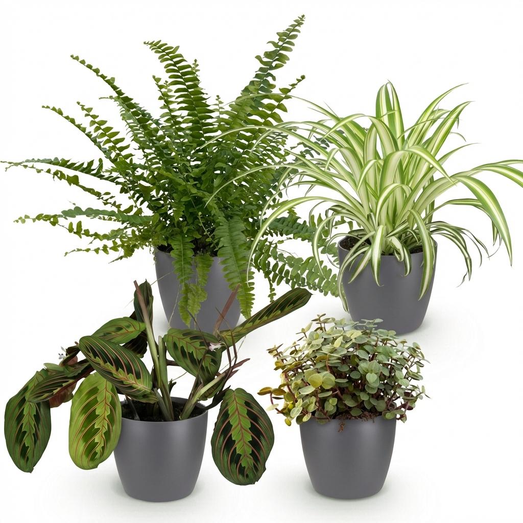 Chlorophytum - Maranta - Calissia - Nephrolepsis - Mix van 4 - Huisdiervriendelijke Planten - Groen - 4 Planten - met Potter Grijs - Pot 12cm - Hoogte 25cm