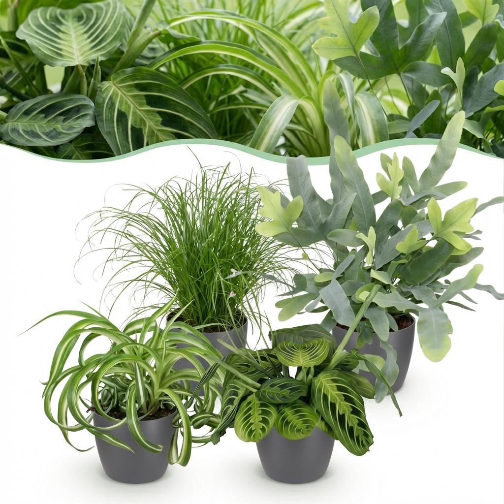 Chlorophytum - Cyperus - Phlebodium - Marantha - Mix van 4 - Huisdiervriendelijke Planten - Groen - 4 Planten - met Potter Grijs - Pot 12cm - Hoogte 25cm