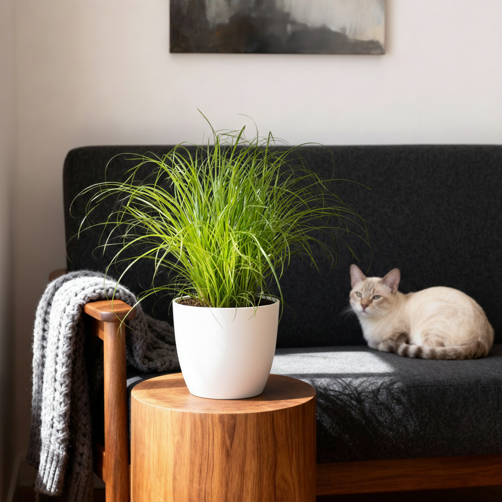 Cyperus alternifolius Zumula - Kattengras - Huisdiervriendelijke Plant - Groen - 1 Plant - met Potter Wit - Pot 12cm - Hoogte 20cm