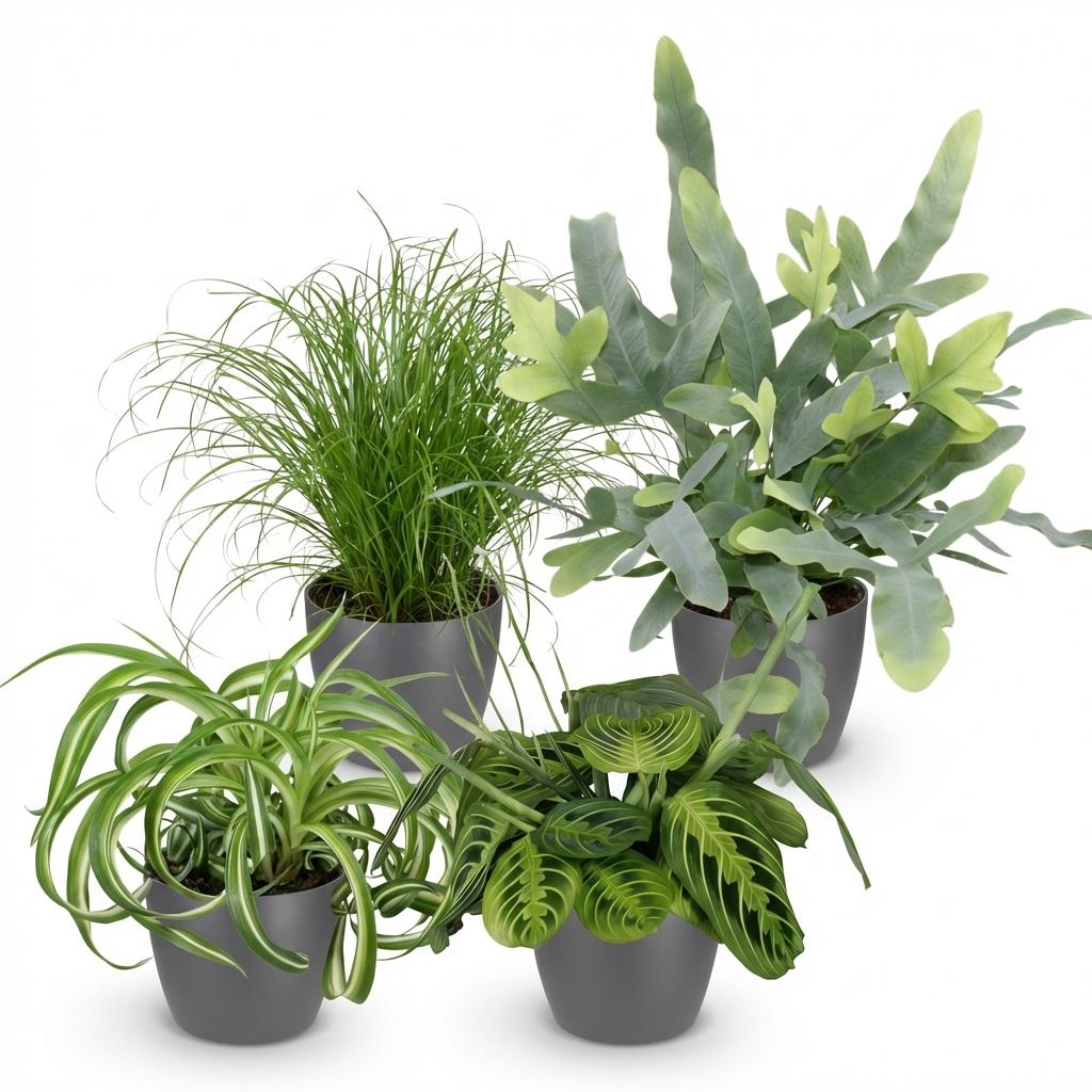Chlorophytum - Cyperus - Phlebodium - Marantha - Mix van 4 - Huisdiervriendelijke Planten - Groen - 4 Planten - met Potter Grijs - Pot 12cm - Hoogte 25cm