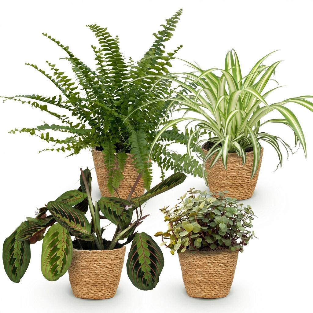 Chlorophytum - Maranta - Calissia - Nephrolepsis - Mix van 4 - Huisdiervriendelijke Planten - Groen - 4 Planten - met Mand - Pot 12cm - Hoogte 25cm