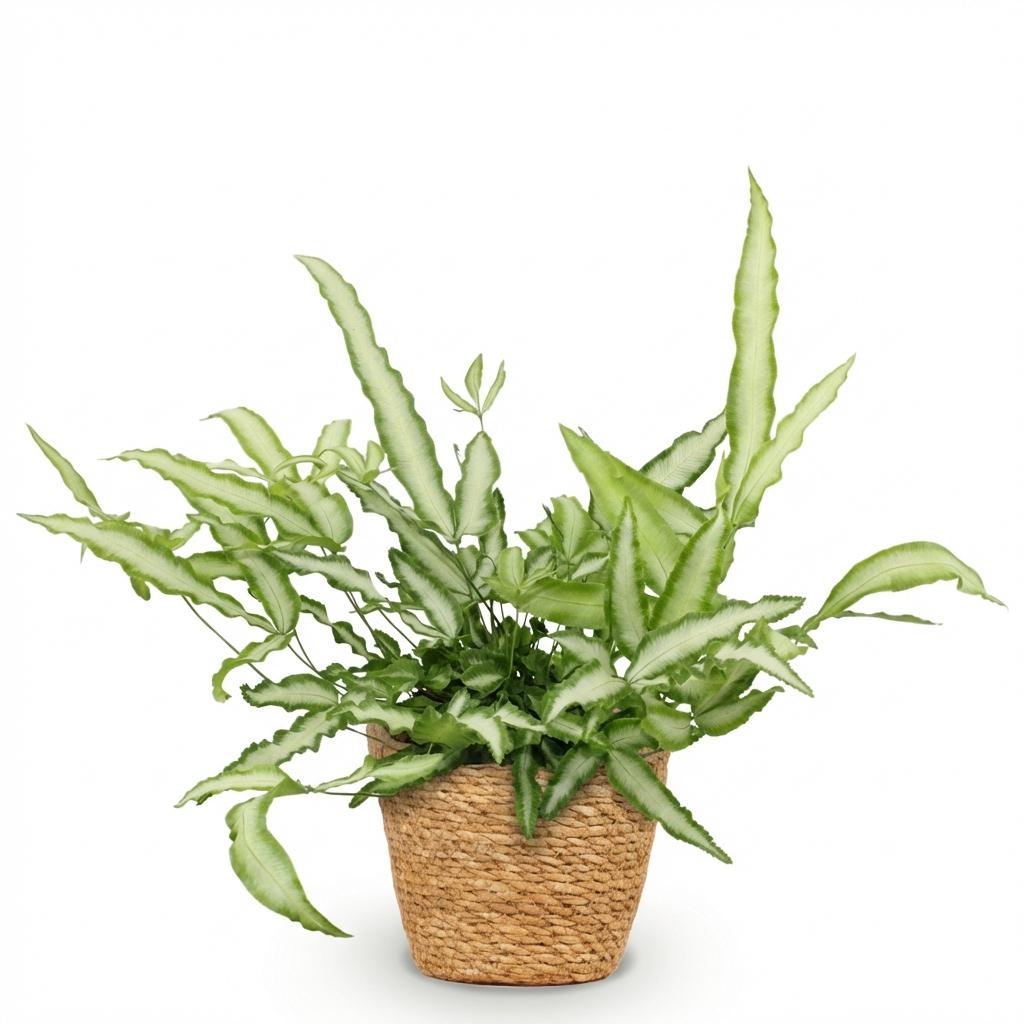 Pteris cretica Albolineata - Lintvaren - Huisdiervriendelijke Plant - Groen - 1 Plant - met Mand - Pot 12cm - Hoogte 20cm